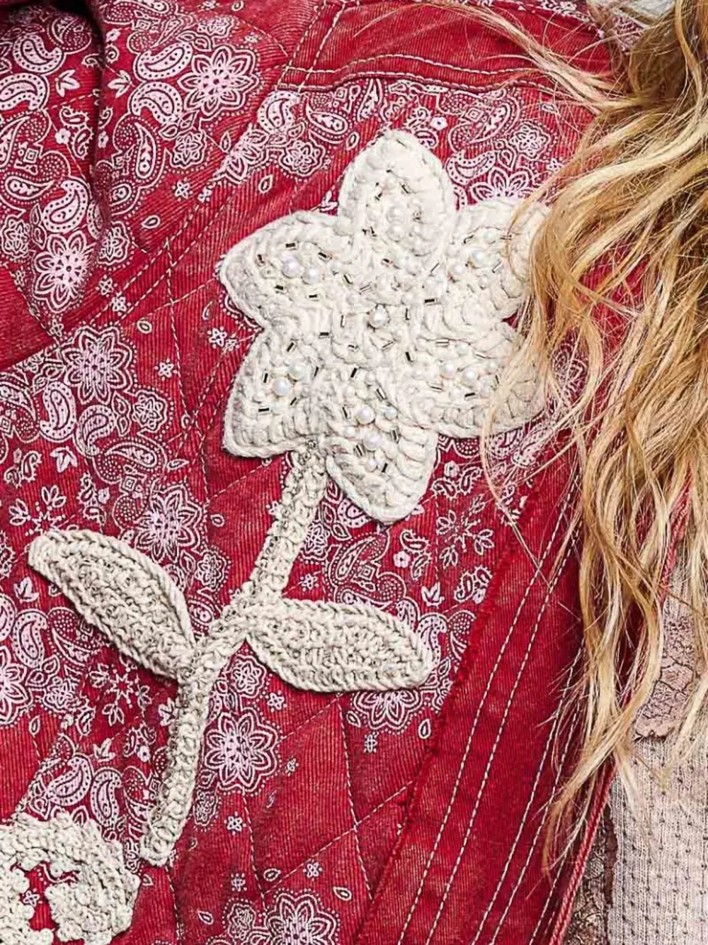 POL Red Paisley Print Reverse Stitch Floral Embroidered Open Front Jacket